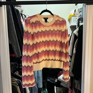 Pointelle Zigzag Crewneck Sweater in Pink, Cream & Brown